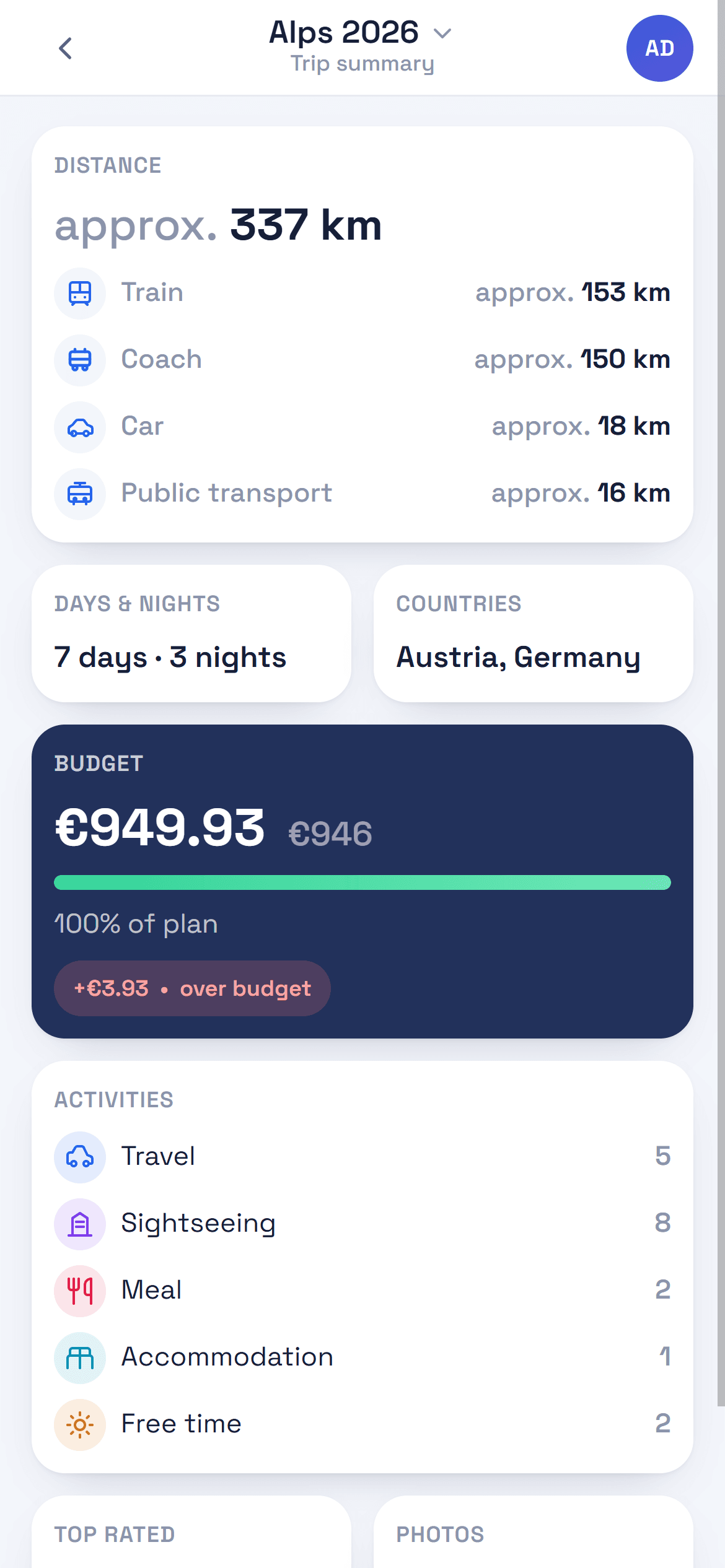 Screenshot: trip summary